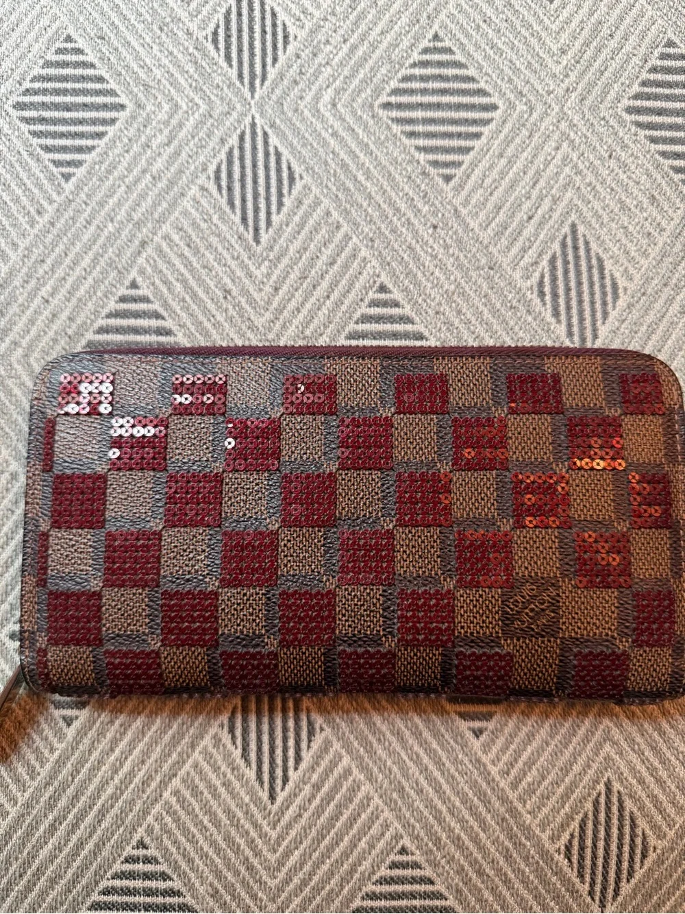 Louis Vuitton Damier Ebene Sequin Zip Around Wallet in Brown and Red